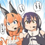  2girls animal_costume animal_ear_fluff animal_ears black_hair blue_eyes bow bowtie caracal_(kemono_friends) caracal_ears elbow_gloves gloves highres humboldt_penguin_(kemono_friends) kemono_friends kemono_friends_v_project mcgunngu microphone multicolored_hair multiple_girls open_mouth orange_hair penguin_costume shirt skirt sleeveless sleeveless_shirt virtual_youtuber yellow_eyes 