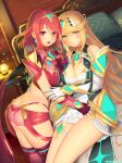  2girls absurdres bangs black_gloves blonde_hair breasts chest_jewel cleavage cleavage_cutout clothing_cutout dress earrings fingerless_gloves gloves highres jewelry kashiwamochi_yomogi large_breasts long_hair multiple_girls mythra_(xenoblade) pyra_(xenoblade) red_eyes red_hair red_shorts short_dress short_hair short_shorts shorts swept_bangs tiara very_long_hair white_dress xenoblade_chronicles_(series) xenoblade_chronicles_2 yellow_eyes 