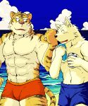  2008 anthro barazoku beach black_nose can canid canine canis clothing container detailed_background digital_media_(artwork) domestic_dog duo eyes_closed felid himachi humanoid_hands male mammal muscular muscular_male oekaki outside pantherine seaside swimwear tiger water 