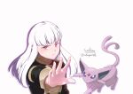  1girl bangs black_jacket blunt_bangs closed_mouth crossover espeon fire_emblem fire_emblem:_three_houses floating_hair garreg_mach_monastery_uniform highres jacket long_hair long_sleeves looking_at_viewer outstretched_arm pink_eyes pokemon pokemon_(creature) purple_eyes simple_background soc_nau solo straight_hair twitter_username white_background white_hair 