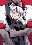  1boy 1girl arms_up black_suit crown demon_girl demon_horns formal helltaker helltaker_(character) horns hug hug_from_behind lucifer_(helltaker) mole mole_under_eye red_background red_eyes suit vs8key white_hair white_suit 