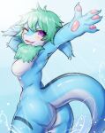  4_fingers absurd_res anthro aquatic_dragon blush blush_lines dragon fingers green_hair hair healingpit hi_res looking_back marine nude pawpads solo 