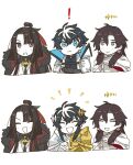  ! 3boys :3 :d ^_^ armor belt black_cape black_hair black_shirt blue_eyes brown_belt brown_eyes cape charlemagne_(fate) chibi cloak closed_eyes collared_cape constantine_xi_(fate) cropped_torso curtained_hair earrings fate/grand_order fate_(series) fur-trimmed_cape fur_trim hair_between_eyes hair_bun hair_ornament halo huzishiro jewelry long_hair looking_at_another looking_at_viewer male_focus mandarin_collar multicolored_hair multiple_boys multiple_views notice_lines purple_eyes shirt short_hair short_hair_with_long_locks simple_background single_hair_bun smile straight_hair streaked_hair tai_gong_wang_(fate) triangle_mouth white_background white_cape white_cloak white_hair 