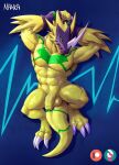  abs anthro armor balls bandai_namco bulkmon digimon digimon_(species) flaccid foreskin genitals headgear helmet hi_res male monster muscular muscular_anthro muscular_male nawka nude pecs penis scalie solo yellow_body 