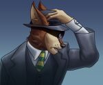  anthro brown_body brown_fur bust_portrait canid canine canis cheek_tuft clothing dress_shirt facial_tuft fedora flaviomodezto fur hat headgear headwear hi_res inner_ear_fluff jacket li&#039;l_melon male mammal multicolored_body multicolored_fur necktie noir obscured_eyes open_mouth portrait shirt simple_background solo suit topwear tuft two_tone_body two_tone_fur whisker_spots wolf 