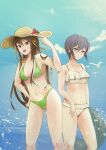  2girls :d absurdres bangs bikini bird blue_sky breasts brown_eyes brown_hair chinese_commentary cleavage closed_mouth cloud commentary_request expressionless frilled_bikini frills green_bikini highres hlqh holding holding_innertube innertube long_hair multiple_girls nagato_yuki navel open_mouth outdoors purple_hair red_eyes short_hair sky smile suzumiya_haruhi suzumiya_haruhi_no_yuuutsu swimsuit tube watermark white_bikini 