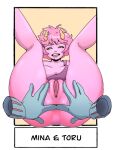  2022 anus ashido_mina bedroom_eyes black_sclera bodily_fluids bottomless breasts butt clothed clothing duo female female_pov first_person_view genitals gloves hagakure_toru hair handwear horn human human_on_humanoid humanoid interspecies invisible legs_up looking_at_viewer male male/female mammal my_hero_academia narrowed_eyes not_furry open_mouth open_smile pink_body pink_hair pink_skin pussy quetzo saliva seductive simple_background smile spread_anus spreading topwear 