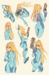  1girl artist_name ass blonde_hair blood blood_on_face blue_bodysuit blue_eyes bodysuit breasts bruise cropped_legs cuts highres hug injury long_hair looking_away medium_breasts metroid metroid_(creature) multiple_views oxcoxa paralyzer ponytail samus_aran skin_tight torn_bodysuit torn_clothes very_long_hair zero_suit 