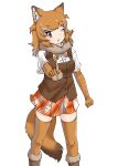  1girl animal_ears boots bow bowtie brown_eyes brown_footwear brown_gloves brown_hair brown_legwear brown_vest dhole_(kemono_friends) dhole_(kemono_friends)_(old_design) dog_ears dog_girl dog_tail elbow_gloves fur_collar fur_trim gloves highres kemono_friends light_brown_hair looking_at_viewer multicolored_hair one_eye_closed orange_bow orange_bowtie orange_skirt plaid plaid_skirt pleated_skirt shirt short_hair short_sleeves skirt solo tail thighhighs uf34a vest white_shirt zettai_ryouiki 