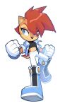  1girl alternate_costume alternate_hairstyle bangs blue_eyes blue_jacket boots brown_fur clenched_hands drawloverlala eyelashes full_body gloves highres jacket midriff pants red_hair sally_acorn short_hair solo sonic_(series) transparent_background white_gloves white_pants 