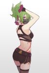  1girl absurdres bare_shoulders black_mask black_shorts crop_top genshin_impact green_hair hair_ornament highres jon_eve kuki_shinobu mask mouth_mask ninja_mask purple_eyes rope shimenawa short_shorts shorts simple_background solo white_background 