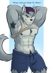  abs absurd_res anthro backwards_hat baseball_cap bulge canid canine canis cartoon_network clothed clothing fur grey_body grey_fur hair_through_hat hat headgear headwear hi_res humanoid looking_at_viewer male mammal mezzmar muscular muscular_anthro muscular_male nipples simple_background solo text we_baby_bears we_bare_bears wolf wolf_(we_baby_bears) yellow_sclera 