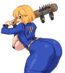  absurdres ass bent_over bikini blonde_hair blue_bodysuit blue_jumpsuit bodysuit breasts cleanerjay covered_nipples cowboy_shot curvy fallout_(series) fallout_4 from_behind hanging_breasts highres huge_breasts jumpsuit long_sleeves looking_at_viewer looking_back medium_hair micro_bikini open_jumpsuit open_mouth over_shoulder sideboob simple_background skindentation swimsuit unzipped vault_girl vault_suit weapon weapon_over_shoulder 