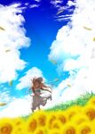  1girl alternate_costume blue_sky blurry brown_eyes brown_hair cloud commentary_request day depth_of_field dress flower fyuo glasses hat highres kantai_collection long_hair mochizuki_(kancolle) outdoors red-framed_eyewear scenery sky solo standing sun_hat sundress sunflower white_dress 