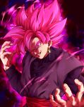  1boy aura crazy_eyes dragon_ball dragon_ball_super earrings goku_black grin highres jewelry looking_at_viewer male_focus papita_pochi pink_eyes pink_hair potara_earrings sash smile solo spiked_hair super_saiyan super_saiyan_rose 