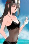  1girl black_hair black_swimsuit blue_sky breasts brown_eyes collarbone commentary_request covered_navel dated fingerless_gloves fishnet_swimsuit from_side gloves highres long_hair looking_at_viewer morag_ladair_(obligatory_leave)_(xenoblade) morag_ladair_(xenoblade) nayuta-kanata signature sky small_breasts solo swimsuit visor_cap water watermark white_gloves xenoblade_chronicles_(series) xenoblade_chronicles_2 