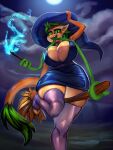  anthro big_breasts breasts broom cleaning_tool clothing digital_media_(artwork) dress female general-irrelevant green_eyes green_hair hair hat headgear headwear hi_res holding_wand legwear looking_at_viewer multi_tongue non_toxic_(oc) on_one_leg open_mouth outside purple_clothing purple_hat purple_headwear smile solo standing stockings tatzlpony tentacle_tongue tentacles tongue witch_hat 