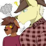  1:1 2022 absurd_res anthro bird_dog black_markings blonde_hair blue_eyes blush blushing_profusely bodily_fluids brown_body brown_fur brown_hair canid canine canis checkered_clothing checkered_shirt checkered_topwear cigarette cigarette_in_mouth clothing cowboy cowboy_hat digital_drawing_(artwork) digital_media_(artwork) domestic_dog duo ears_back ears_down english_text facial_hair facial_markings fur girl_staring_at_man&#039;s_chest golden_retriever great_dane green_eyes hair hat head_markings headgear headwear hi_res humor hunting_dog male male/male mammal markings mastiff meme mixed_breed molosser muscular muscular_male pattern_clothing pattern_shirt pattern_topwear pecs pivoted_ears question_mark repeated_text retriever shaded shirt smoking stanley_(zer0rebel4) stare staring_at_chest sweat text thomas_ii_(zer0rebel4) thought_bubble topwear were werecanid werecanine werewolf wolf yellow_body yellow_fur yellow_sclera zer0rebel4 