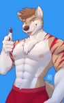  abs absurd_res anthro blue_background blue_eyes boxer_briefs canid canine canis chest_tuft clothed clothing fluffy fluffy_tail hair hand_gesture hi_res jamie_(jethrobuck) male mammal muscular muscular_anthro muscular_male ni_draw nipples pawpads pecs red_clothing red_underwear simple_background solo stripes tongue tongue_out tuft underwear underwear_only wolf 