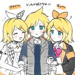  1boy 2girls :d bangs black_jacket blonde_hair blue_eyes blue_sweater blush bow bowtie checkered_bow checkered_clothes commentary_request dress dual_persona grey_vest hair_bow jacket kagamine_len kagamine_rin leo/need_(project_sekai) long_sleeves more_more_jump!_(project_sekai) multiple_girls open_mouth orange_bow parody_request pink_bow pink_bowtie project_sekai shirt short_hair short_sleeves smile sweat sweater translation_request vest vivid_bad_squad_(project_sekai) vocaloid waka_(wk4444) white_dress white_shirt 