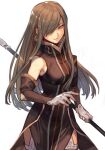  1girl bare_shoulders blue_eyes brown_hair closed_mouth eyebrows_behind_hair gloves hair_over_one_eye holding holding_polearm holding_weapon hungry_clicker long_hair looking_to_the_side polearm smile solo tales_of_(series) tales_of_the_abyss tear_grants upper_body weapon 