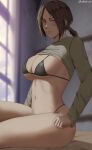  1girl artist_name bangs black_bra black_panties blurry blurry_background bra breasts brown_hair closed_mouth clothes_lift english_commentary freckles green_shirt highres indoors large_breasts looking_at_viewer navel oroborus panties parted_bangs shingeki_no_kyojin shirt shirt_lift short_hair short_ponytail solo thong underwear ymir_(shingeki_no_kyojin) 