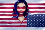  1girl american_flag blindfold blue_hair covered_mouth covering_eyes gagged highres medium_hair politics real_life solo star_(symbol) upside-down yuumei 