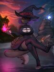  animal_humanoid breasts carne_asada clothing dragon dragon_humanoid female general-irrelevant hair hat headgear headwear hi_res holding_wand humanoid legwear looking_at_viewer magic_user outside pawpads purple_hair red_eyes riding_broom short_hair sitting smile solo stockings witch witch_hat 