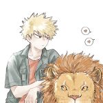  1boy animal aqistory bakugou_katsuki blonde_hair boku_no_hero_academia closed_mouth commentary_request green_shirt heart highres lion looking_at_another looking_to_the_side male_focus official_alternate_costume open_clothes open_shirt orange_shirt red_eyes shirt short_hair short_sleeves simple_background spiked_hair spoken_heart thai_commentary white_background 