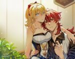  1boy 1girl arm_around_neck bangs black_bow black_shirt blonde_hair blue_eyes blurry blurry_background bow breasts cleavage closed_mouth collarbone couple diluc_(genshin_impact) dress_shirt genshin_impact hair_between_eyes hair_bow hand_on_another&#039;s_hip hetero indoors jean_(genshin_impact) long_hair looking_at_viewer ponytail red_bow red_eyes red_hair shirt signature soc_nau strapless twitter_username upper_body 