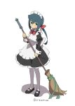  1girl :/ ahoge alternate_costume apron arikindows10 back_bow bangs black_dress black_footwear blue_hair blush bow bowtie broom closed_mouth collared_dress commentary constanze_amalie_von_braunschbank-albrechtsberger dress enmaided frilled_apron frilled_dress frills full_body green_eyes green_ribbon hair_between_eyes hair_bow hair_ornament holding holding_broom juliet_sleeves little_witch_academia long_hair long_sleeves looking_at_viewer low_ponytail maid maid_headdress mary_janes pantyhose puffy_sleeves red_bow red_bowtie ribbon shoes sidelocks simple_background solo standing thick_eyebrows twitter_username white_apron white_background white_bow white_legwear wrist_cuffs 
