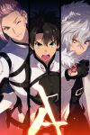  3boys bangs belt belt_buckle black_belt black_bodysuit black_gloves black_hair black_shirt bodysuit buckle closed_mouth command_spell commentary_request echo_(circa) fate/grand_order fate_(series) fujimaru_ritsuka_(male) fujimaru_ritsuka_(male)_(chaldea_combat_uniform) fur-trimmed_jacket fur_trim gloves green_eyes hair_between_eyes hand_on_hip hood hood_up hooded_jacket jacket kadoc_zemlupus lipstick looking_at_viewer makeup male_focus multiple_boys one_eye_closed open_mouth pink_hair pink_lips scandinavia_peperoncino shirt short_hair smile teeth two-tone_bodysuit uniform upper_body upper_teeth white_bodysuit white_hair white_jacket yellow_eyes 
