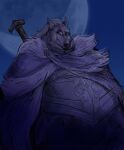  anthro armor belly blaidd_(elden_ring) canid canine canis cape chubby_cheeks clothed clothing crescent_moon elden_ring fangs fromsoftware fur fur_cape grey_body grey_fur hi_res male mammal melee_weapon moon night obese obese_anthro obese_male overweight overweight_anthro overweight_male purple_eyes sharpt00th snaggle_tooth solo sword teeth video_games weapon wolf 