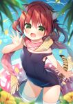  1girl :d animal_ear_fluff animal_ears bangs bare_arms bare_shoulders black_swimsuit blue_bow blurry blurry_foreground blush bow chinese_zodiac depth_of_field fang flower fringe_trim green_eyes hair_between_eyes hair_bow hanamiya_natsuka hand_up innertube kemonomimi_mode long_hair old_school_swimsuit one-piece_swimsuit original petals pink_scarf plaid plaid_scarf polka_dot polka_dot_scarf red_hair scarf school_swimsuit smile solo standing strap_slip swimsuit tail thighhighs tiger_ears tiger_girl tiger_tail twintails wading water white_legwear year_of_the_tiger yellow_flower yellow_scarf 