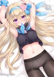  1girl armpits arms_up bangs bed_sheet black_legwear black_shirt blue_hairband blue_neckerchief blush breasts closed_mouth crop_top flower hair_between_eyes hairband light_brown_hair long_hair looking_at_viewer lying medium_breasts midriff nanopai_kakumeikokonoyu navel neckerchief neckerchief_in_mouth no_pants on_back original panties panties_under_pantyhose pantyhose pink_flower pink_panties purple_eyes shirt signature sleeveless sleeveless_shirt solo thighband_pantyhose underwear very_long_hair wrist_cuffs 