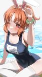  1girl abe_nana absurdres adjusting_clothes adjusting_headwear animal_ears bare_shoulders blush breasts cleavage closed_mouth covered_navel fake_animal_ears from_above highres idolmaster idolmaster_cinderella_girls looking_at_viewer medium_hair ningen_mame one-piece_swimsuit one_eye_closed orange_hair poolside rabbit_ears red_eyes school_swimsuit shiny shiny_clothes sidelocks sitting smile solo swimsuit thighhighs water white_legwear 