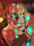  2girls absurdres bangs black_gloves blonde_hair breasts chest_jewel cleavage cleavage_cutout clothing_cutout dress earrings fingerless_gloves gloves highres jewelry kashiwamochi_yomogi large_breasts long_hair multiple_girls mythra_(xenoblade) pantyhose pyra_(xenoblade) red_eyes red_hair red_shorts short_dress short_hair short_shorts shorts swept_bangs tiara very_long_hair white_dress xenoblade_chronicles_(series) xenoblade_chronicles_2 yellow_eyes 