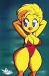  anthro avian big_breasts bird blonde_hair breasts cleavage clothed clothing female hair hi_res one-piece_swimsuit solo swimwear tansau thick_thighs yellow_body 