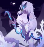  absurd_res anthro archer big_breasts bovid breasts canid canine caprine claws duo female fur hair hi_res kindred_(lol) lamb_(lol) league_of_legends looking_at_viewer mammal mask ranadi riot_games sheep simple_background solo tongue video_games white_body white_fur 