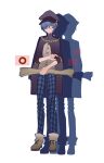  1bitheart 1boy aiguillette black_headwear blue_capelet blue_eyes blue_hair blue_pants brown_footwear buttons cabbie_hat capelet closed_mouth full_body hair_over_one_eye hat headphones holding holding_paper long_sleeves looking_at_viewer male_focus miwasiba official_art oui_yuuto pants paper plaid plaid_pants shirt shoes solo sweat transparent_background white_shirt 