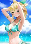  1girl armlet armpits arms_up bangs bare_arms beach bikini blonde_hair blue_bikini blue_eyes blush breasts choker cleavage closed_mouth cloud crossed_bangs day hair_ribbon hair_tie highres hololive kazama_iroha looking_away medium_breasts navel object_on_breast ocean outdoors parted_lips revision ribbon sky solo stomach swimsuit teru_(teru170) tying_hair upper_body virtual_youtuber wet yellow_choker 