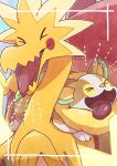  &gt;_&lt; closed_eyes commentary_request dracozolt fangs framed highres kotobukkii_(yt_lvlv) no_humans open_mouth pokemon pokemon_(creature) pokemon_on_back tongue tongue_out yamper 