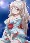  1girl animal_print blue_kimono breasts brown_eyes cleavage commentary_request conte_di_cavour_(kancolle) fish_print fuji_(pixiv24804665) goldfish_print grey_hair highres japanese_clothes kantai_collection kimono large_breasts long_hair looking_at_viewer night night_sky sky solo two_side_up yukata 