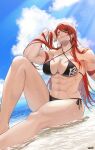  1girl abs bangs beach bikini black_bikini breasts cleavage cloud cloudy_sky facial_mark fuuma_kotarou_(tenkaichi) highres in_water kanji large_breasts long_hair looking_at_viewer muscular muscular_female red_hair sitting sky solo sunsirou swept_bangs swimsuit tattoo tenkaichi_nihon_saikyou_bugeisha_ketteisen yellow_eyes 