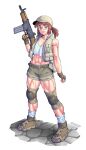  1girl abs assault_rifle biceps breasts brown_eyes brown_hair cobblestone ebr-kii fio_germi glasses gun hat highres knee_pads metal_slug muscular muscular_female ponytail pouch rifle short_hair shorts smile tank_top trigger_discipline vest weapon white_background 