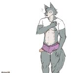  absurd_res amoriashop anthro beastars big_penis bulge canid canine canis clothed clothing foreskin genitals hi_res legoshi_(beastars) male mammal partially_clothed penis solo underwear wolf 
