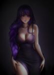  1girl absurdres arms_at_sides bangs bare_arms bare_shoulders blush braid breasts cleavage closed_mouth collarbone cowboy_shot dress eyelashes formal genshin_impact grey_background hair_over_shoulder hands_on_own_thighs highres long_hair looking_at_viewer mole mole_under_eye purple_dress purple_eyes purple_hair purple_theme raiden_shogun side_slit simple_background single_braid skin_tight sleeveless sleeveless_dress solo toumeimei very_long_hair 
