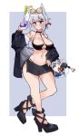  absurdres auraaa black_swimsuit breasts cleavage_cutout clothing_cutout eyewear_on_head high_heels highres jacket jacket_partially_removed large_breasts legs md5_mismatch midriff original pointy_ears pout shiny shiny_skin sweat swimsuit thick_thighs thighs water_gun white_hair 