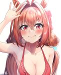  1girl absurdres animal_ears antenna_hair backlighting bikini breasts brown_hair cleavage commentary_request daiwa_scarlet_(trifle_vacation)_(umamusume) fang hair_between_eyes hair_intakes highres horse_ears horse_girl large_breasts long_hair looking_at_viewer red_bikini red_eyes shaka_(staito0515) skin_fang smile solo swimsuit twintails umamusume upper_body wet white_background 