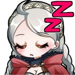 1girl ahoge bangs braid breasts cleavage closed_eyes commission commissioner_upload deliichan5 emoji fire_emblem fire_emblem_fates grey_hair hairband leather_strap lowres nina_(fire_emblem) non-web_source sleeping solo turtleneck twin_braids upper_body zzz 